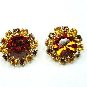 Vintage Mid-Century Amber Colot Rhinestone Clip-on Earrings.